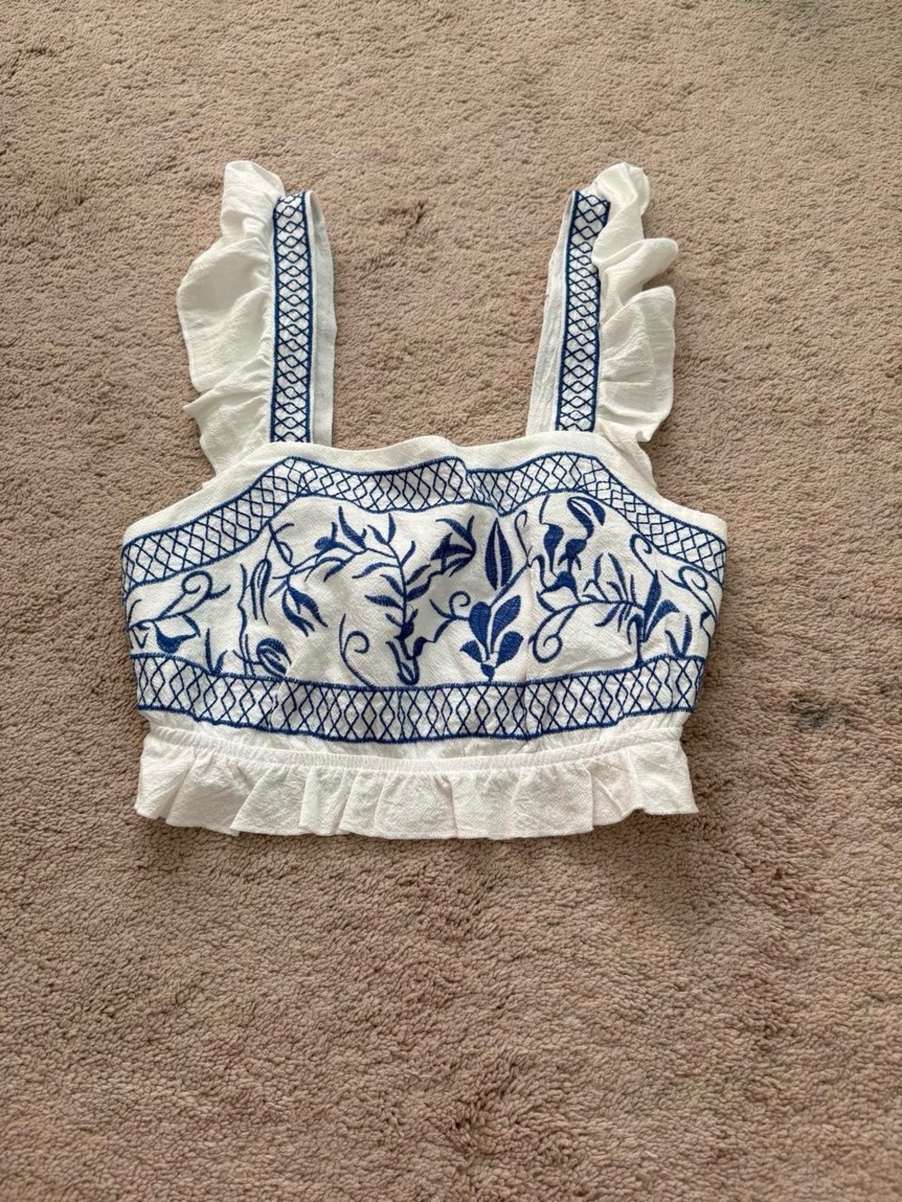 SHEIN White Crop Top with Blue Floral Embroidery